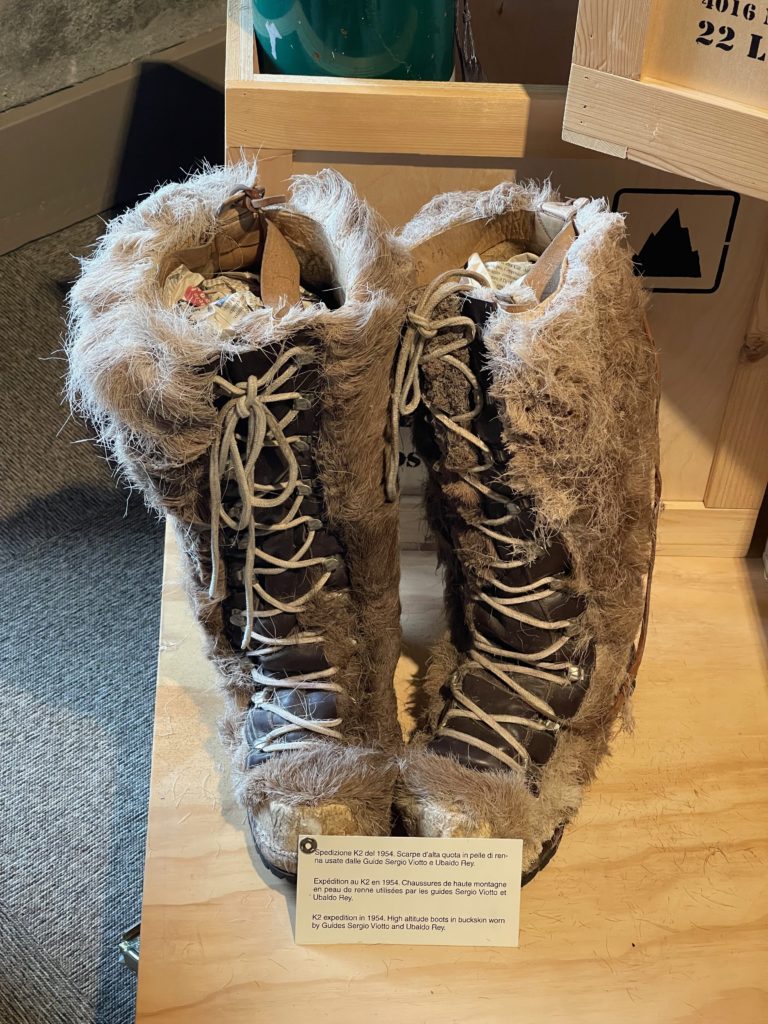 Mountaineering boots from 1952 used in K2, at the Alpine Museum from Courmayeur