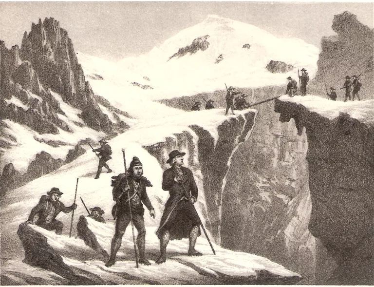 An early engraving commemorating the assault on Mont Blanc by Horace-Benedict de Saussure and his party in 1789.